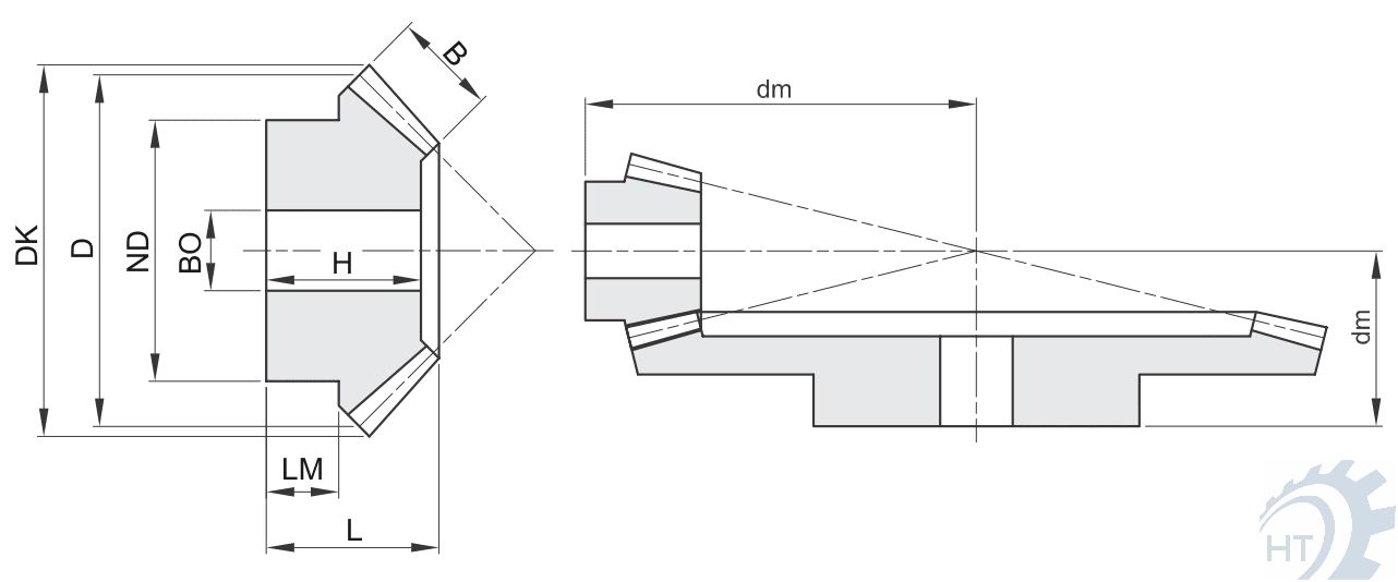 Zeichnung Kegelräder Typ A - Übersetzung 1:4